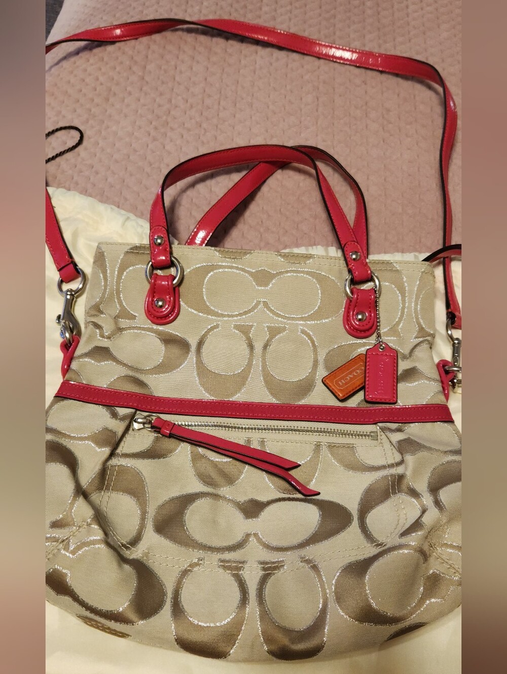 Coach Beige Pink Poppy Signature Crossbody with Pink Trim